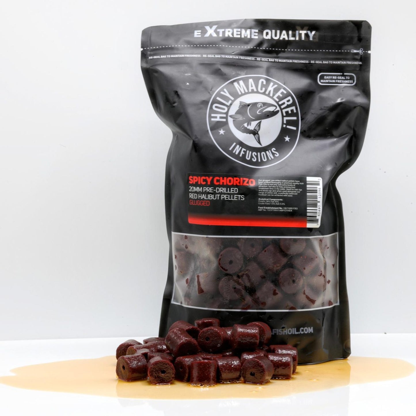 Holy Mackerel - Spicy Chorizo Glugged 20mm Pre-Drilled Red Halibut Pellets - 1kg