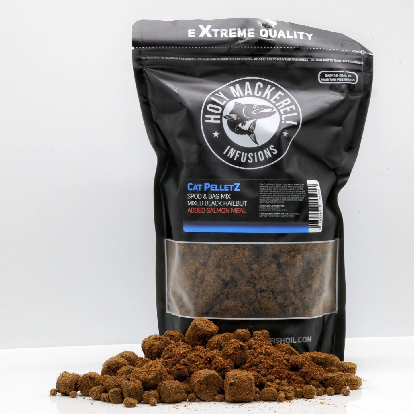 Holy Mackerel - Cat Pelletz Spod & Bag Mix, Mixed Black Halibut with Added Salmon Meal - 1kg